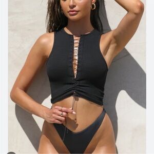 Joah Brown Black Cut Out Crop Tank Top